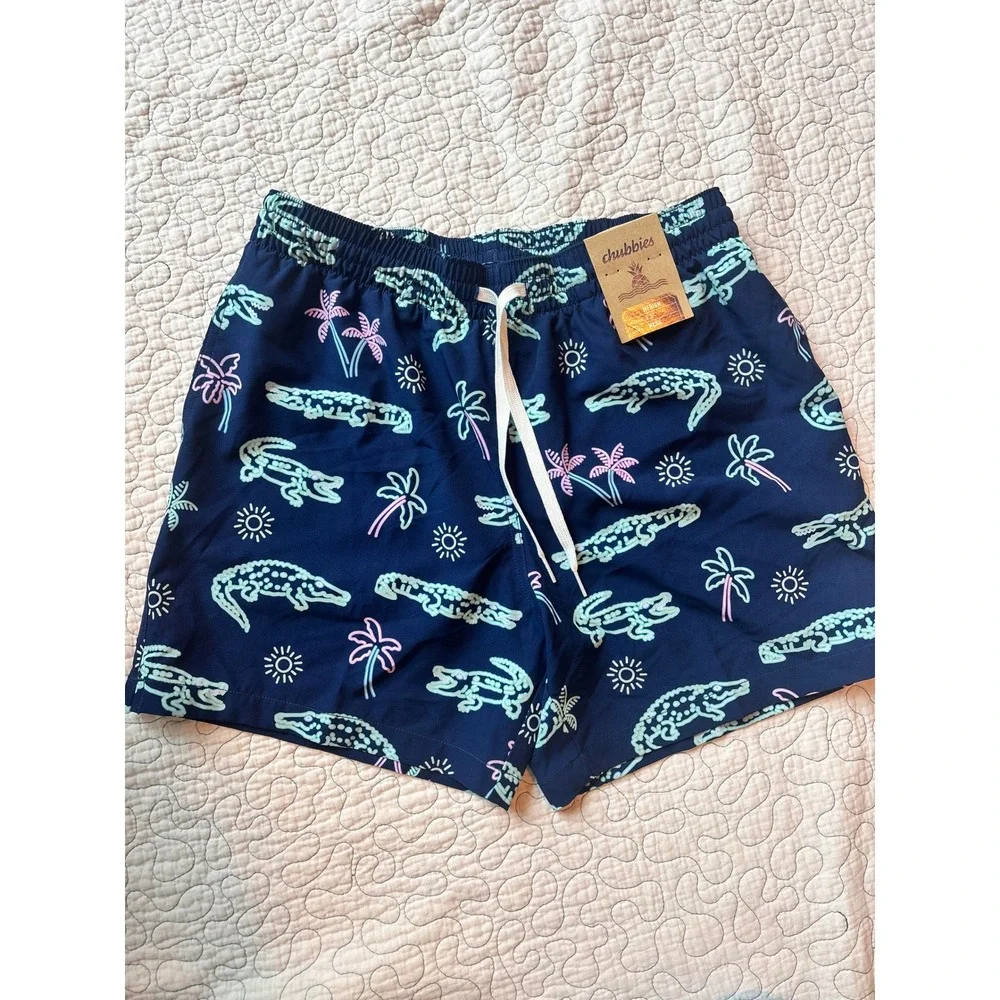 Chubbies Mens Swim Trunks Navy Neon Alligator Palm Tree 5.5 Inseam Mesh Liner M